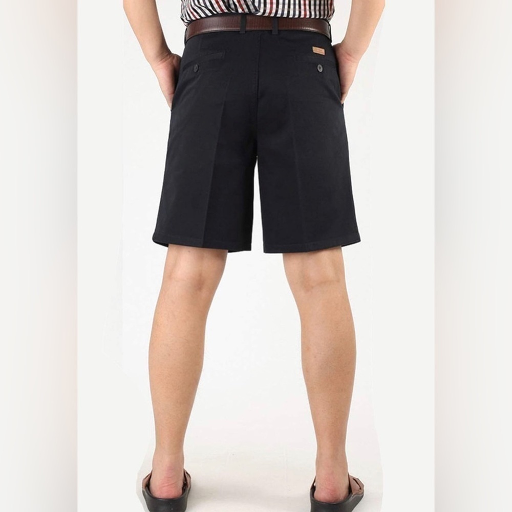 Men's Classic Fit Inseam Chino Oxford Shorts Pleated Flat Golf Shorts Black Navy - Picture 2 of 5